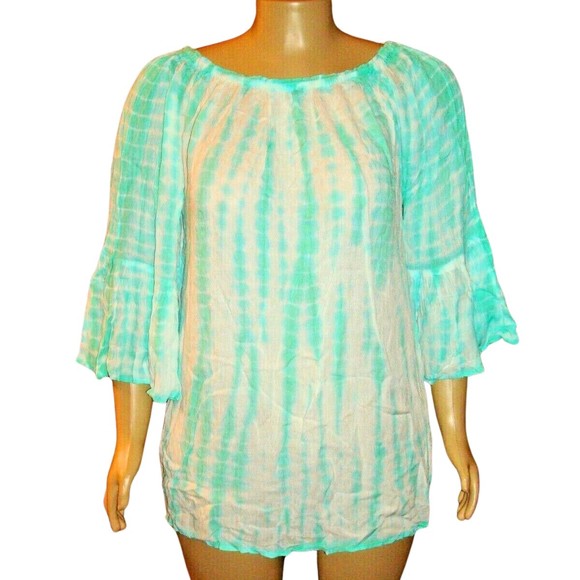 Indian Tropical Fashion Tops - Indian Tropical Fashion Blue Green White Tie Dye 3/4 Sleeve Tunic Top 1X NWT